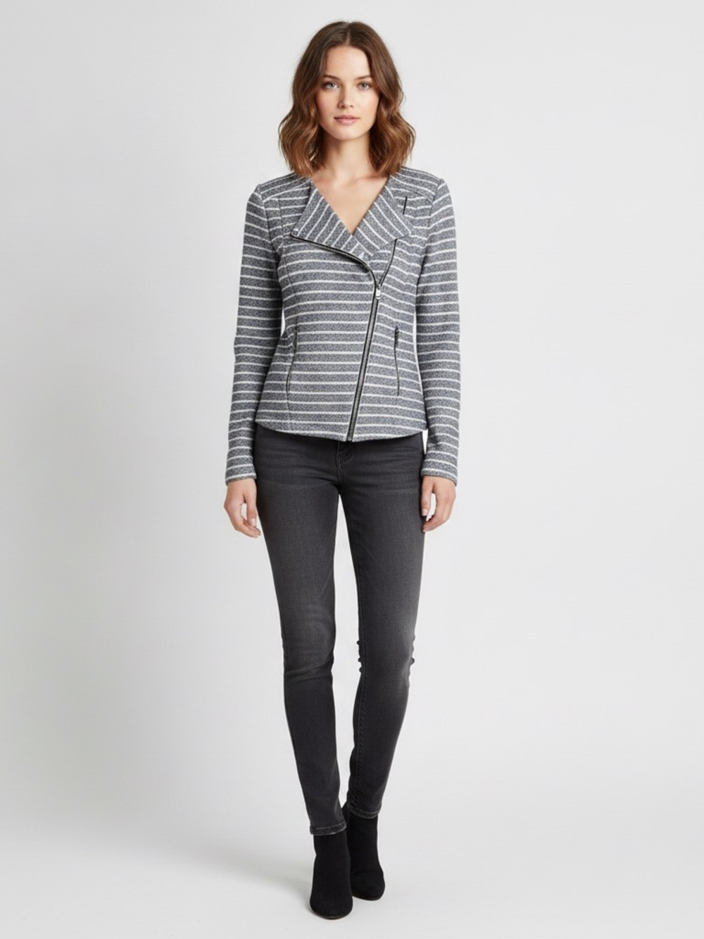 LOFT Striped Asymmetrical Zip Knit Moto Jacket Gray White XS Casual